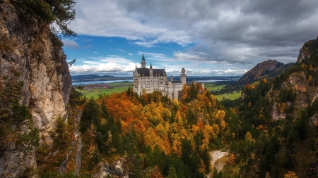 Neuschwanstein Castle, Germany - sky, autumn, forest, castle, mountains, house, germany