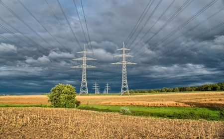 Power Lines - fields, power lines, landscape, clouds