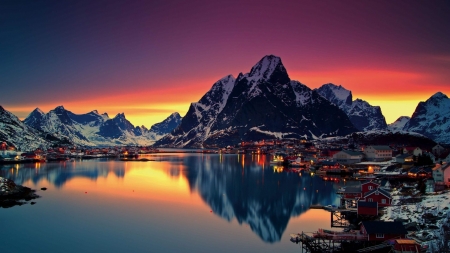 Lake Mountain Village - fun, sunset, nature, Mountain, Village, Lake, cool