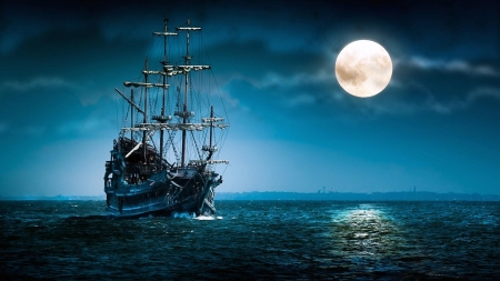 Ghost Ship in the Moonlight - calm, moon, ghost, brig, ship, sea, ocean, sail, vintage, sky