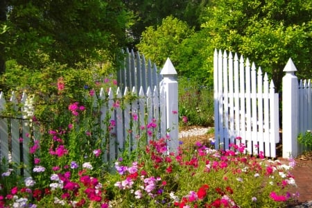 Spring garden - flowers, gate, beautiful, garden, spring, freshness