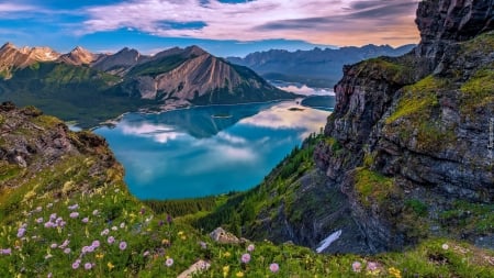 View of mountain lake - reflections, view, lake, hills, mountain, beautiful, cliffs, rocks