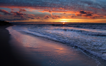 Seashore During Sunset - nature, sky, beach, clouds, shore, sunset, sea