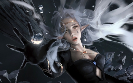 Tears - tears, elf, girl, water drop, wlop, fantasy, art, luminos, hand