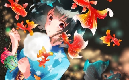 :) - girl, vara, blue, anime, fish, orange, summer, manga