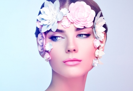 Beauty - woman, face, girl, pink, blue, oleg gekman, model, flower