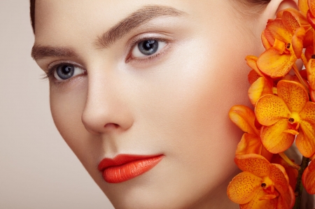 Beauty - woman, model, girl, orchid, face, orange, oleg gekman, flower