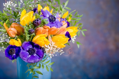 Flowers - purple, yellow, blue, colorful, anemone, flower