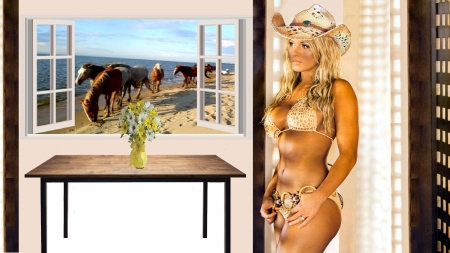 Brought Her Horses To The Beach . . - style, western, women, beach, window, models, hats, ocean, horses, cowgirl, fun, female, blondes