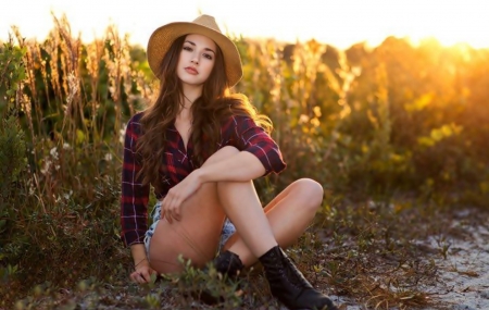 Cowgirl in the field - girl, lovely, sexy, beautiful