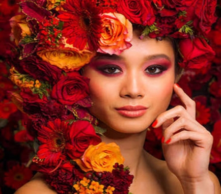 Pretty woman - face, make-up, flowers, model