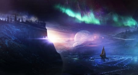 Sailing - moon, stars, sky, ocean, cliff, sailing, homes, northern lights, boat