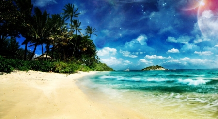 Surreal Beach - moon, sky, ocean, beach, stars, trees, waves, clouds, sand