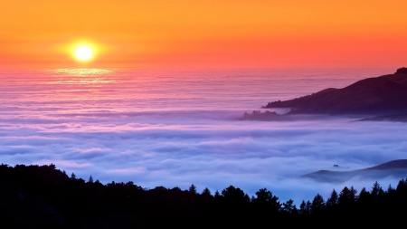 Foggy Sunset - sky, landscape, sunset, mist, nature, calm, clouds, orange, fog, sea, dusk