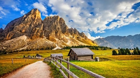 Passo delle Erbe (Würzjoch)Italy - landscape, dolomites, mountains, huts, nature, bolzano, village, clouds, alps, house, grassland