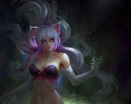 Ahri - fox, girl, pink, ahri, fantasy, white, green, nine tails, art, luminos