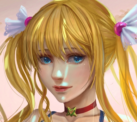 Beauty - yellow, girl, blonde, pink, frumusete, axu suzumiyaharuhi, fantasy, face, luminos, blue eyes