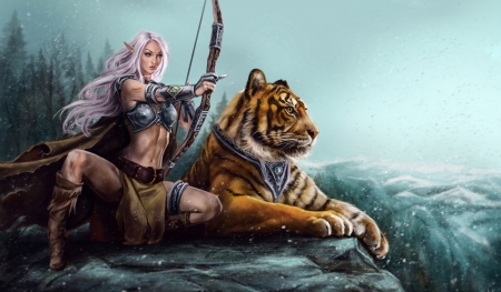 Archer and tiger - archer, girl, tiger, arrow, elf, fantasy, animal, tigru, giardian, art, luminos