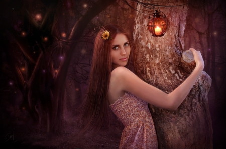 Girl - girl, lantern, luminos, pink, light, night, tree, fantasy