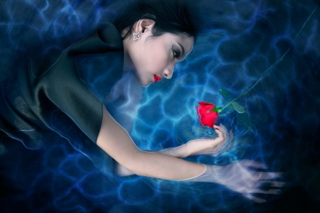 Beauty - woman, vara, girl, water, summer, rose, asian, model, hand, red, blue, flower