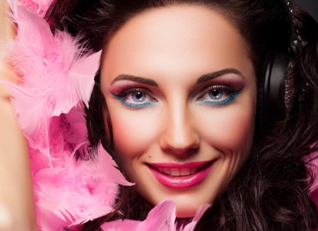 Beauty - woman, face, girl, headphones, pink, feather, smile, model