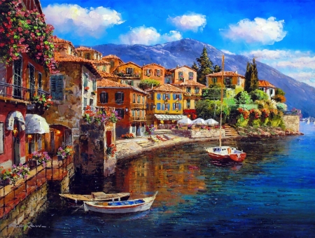 Harbor at Varenna - sam park, boats, harbor, picturesque, painting, village, view, art, sea