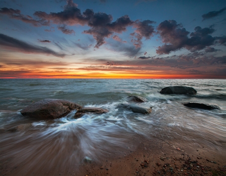 Sunset at the beach - cloud, sea, wave, sun