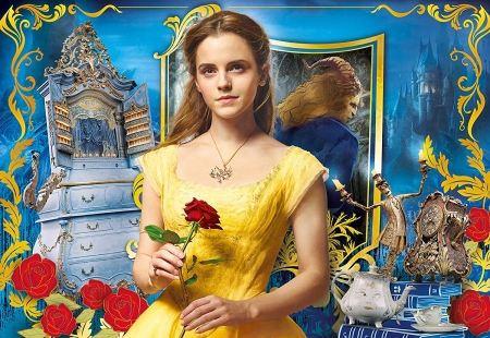 Beauty and the Beast - yellow, blue, Emma Watson, dress, girl, actress, beauty and the beast, belle, movie, rose, princess, disney