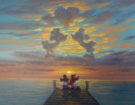 Love - james coleman, water, yellow, summer, blue, sea, mickey mouse, pictura, painting, cloud, kiss, couple, art, vara