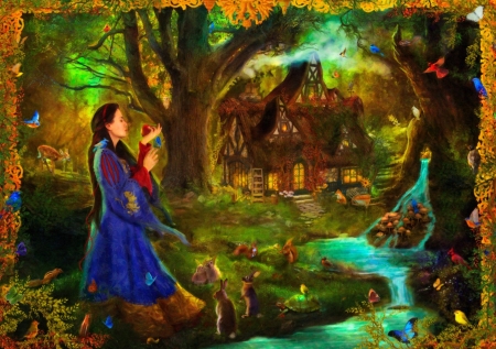 Snow White - blue, forest, river, fantasy, red, green, snow white, aimee stewart, apple, luminos