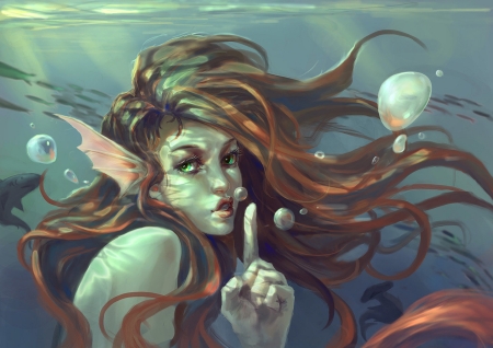 Mermaid - redhead, vara, girl, water, summer, fantasy, bubbles, art, luminos, mermaid, siren