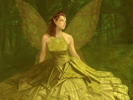 Fairy - fantasy, green, wings, girl, fairy, luminos