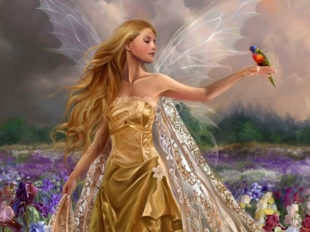 Fairy - bird, girl, parrot, flower, frumusete, fantasy, fairy, pasare, luminos