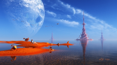 The red shores of second moon - moon, blue, planet, girl, orange, fantasy, art, luminos, luna