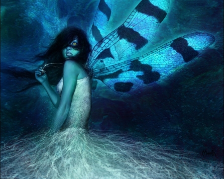 Fairy - fantasy, blue, wings, girl, fairy, luminos, dragonfly