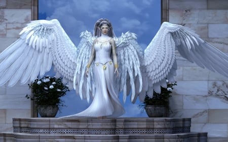 Angel - white, blue, rendering, wings, girl, angel, feather, luminos