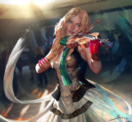 ♥ - bonde, violin, girl, pink, sarayu ruangvesh, frumusete, fantasy, instrument, hand, green, art, luminos