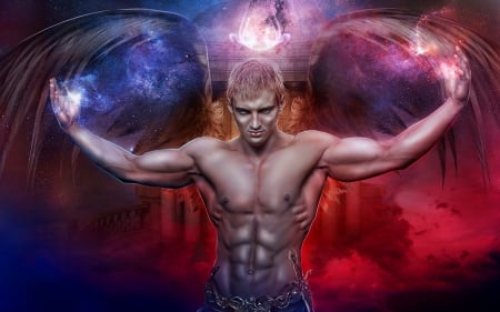 Angel - fantasy, blue, red, wings, angel, man, luminos