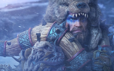 Barbarian - bear, fantasy, blue, barbarian, man, luminos