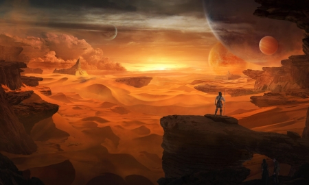 Fantasy world - silhouette, mars, fantasy, cloud, luminos, man, red, orange, shadow