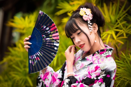 Beauty - woman, hand fan, fan, girl, pink, asian, model