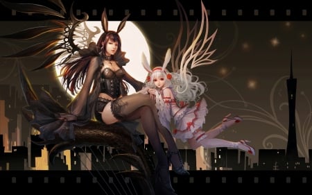 Angels - moon, angel, girl, wings, fantasy, black, dark, pink, anime, luna, manga