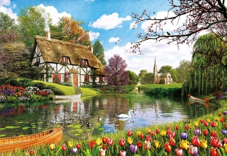 Cottage - lake, flower, dominic davison, pictura, water, cottage, painting, art