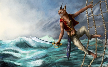 Pirate - vara, cat, water, summer, pisica, fantasy, lynx, luminos, blue, pirate, sea