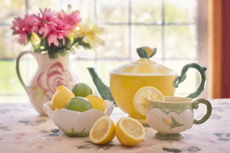 Tea with lemon - yellow, tea, teapot, flower, pink, green, fruit, lemon, cup