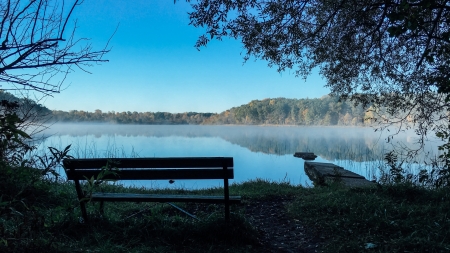 Morning Reflection of Lake in Geneva - Benches, Reflections, Nature, Lakes, Landscapes, Fog