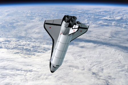 Russian Shuttle Above the Earth - space, shuttle, russian, clouds