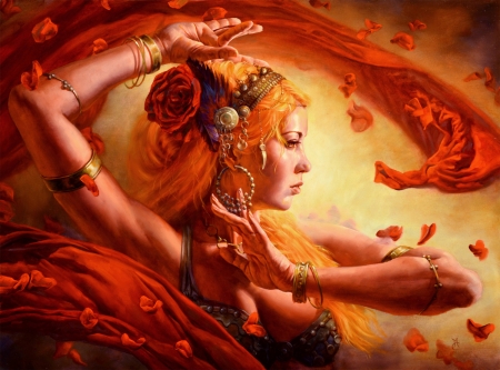 Alegretto - dancer, vara, girl, michael c hayes, jewel, summer, rose, fantasy, art, hand, petals, luminos, orange, flower