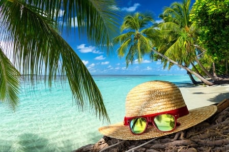 Happy Holiday! - hat, summer, blue, beach, sand, green, vara, sunglasses, palm tree