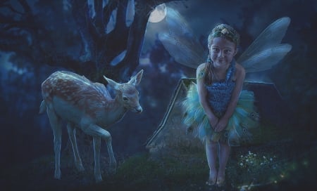 Fairyland - moon, girl, deer, fantasy, luminos, blue, luna, fairy, annewipf